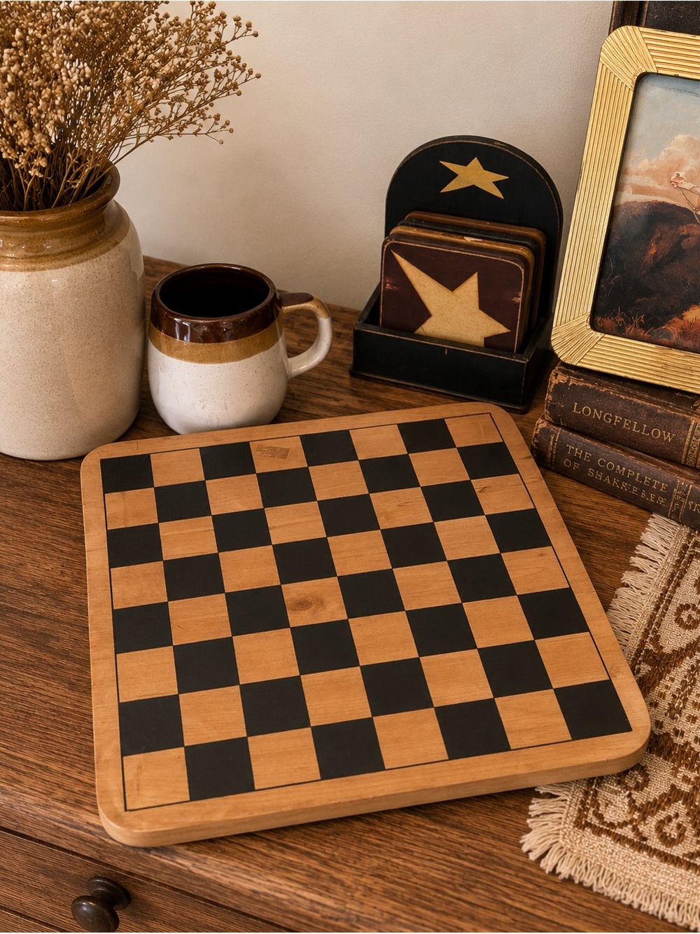 Vintage Black and Natural Wooden Checkerboard